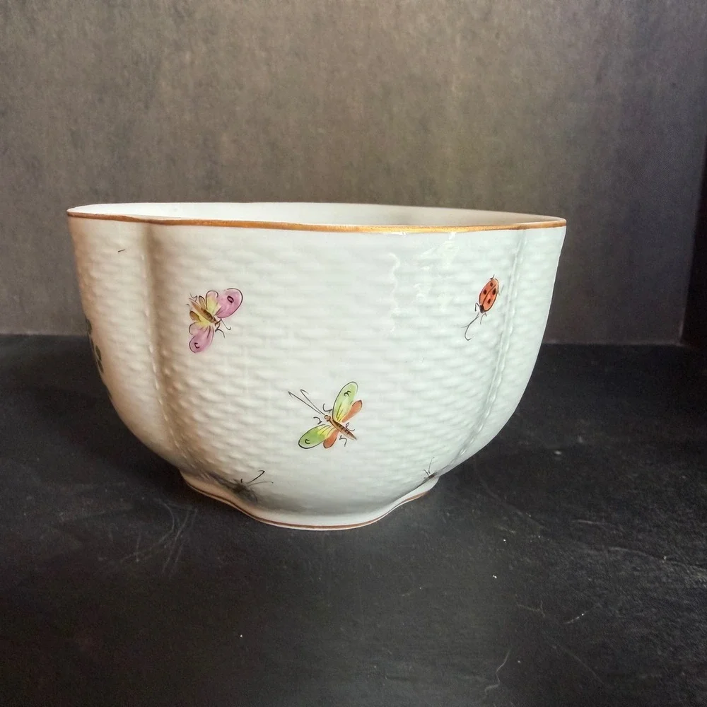 Schumann Dresden Porcelain Bird & Butterfly Basketweave Bowl A5742 31 Gold Rim